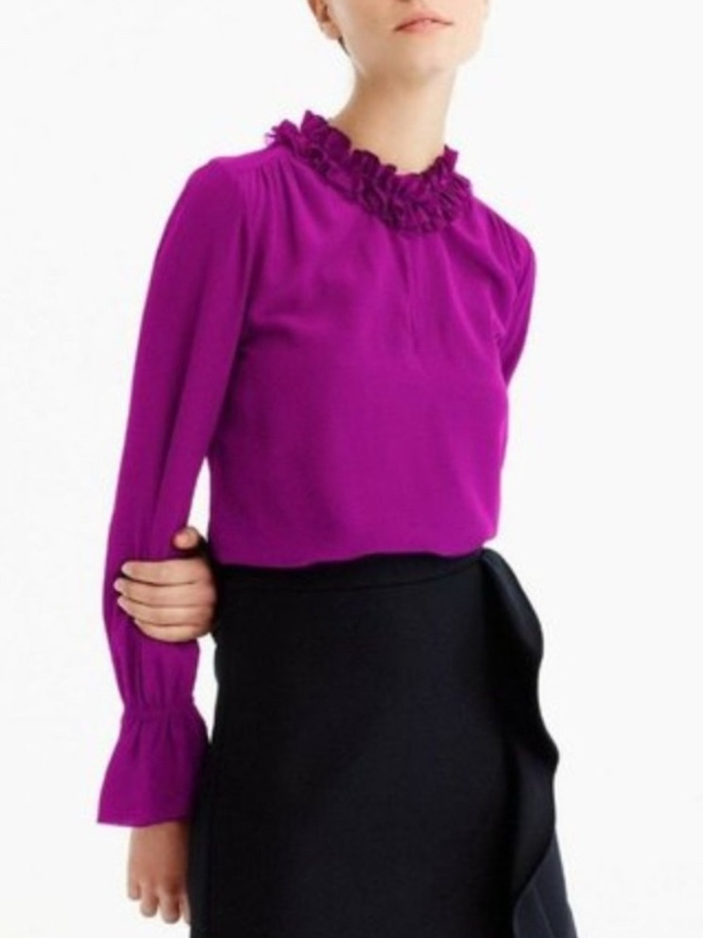 J. Crew Ruffled Long Sleeve Blouse 100% Silk Magenta Purple Size 4 GUC